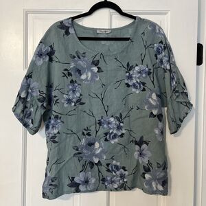 Elena Baldi Linen Top Womens Large Green Floral Italy Ruffle Sleeve Coastal